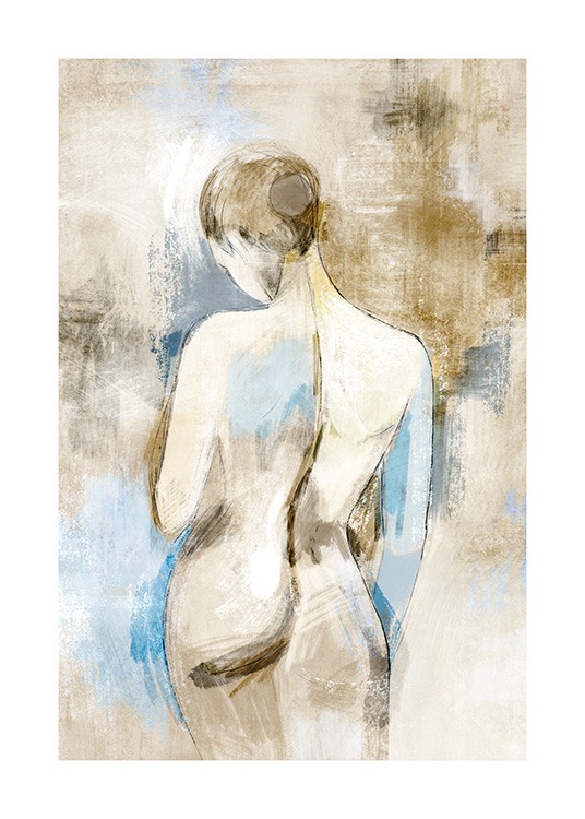  – Malerei einer nackten Frau in Rückenansicht vor blauem und beigem Hintergrund