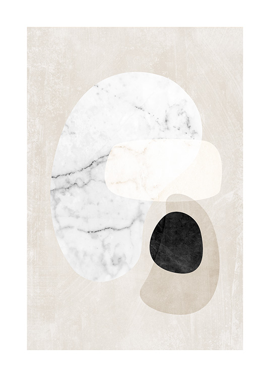  – Grafische Illustration mit abstrakten Marmorformen in Weiß, Schwarz und Beige auf beigem Hintergrund