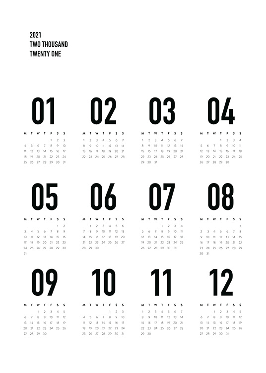 Calendar 2021 B&W Poster - Monatskalender - Desenio.de