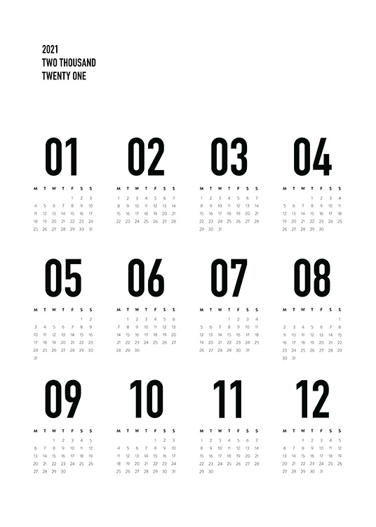 Calendar 2021 B W Poster Monatskalender Desenio De kalender 2021 kunstdrucke