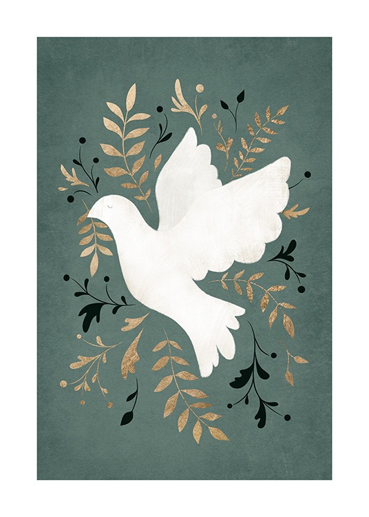 – Illustration, die eine weiße Friedenstaube und Blätter in Gold und Schwarz auf grünem Hintergrund zeigt