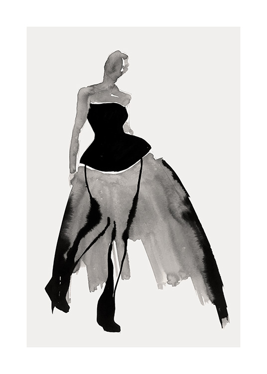  – Illustration eines schwarzen, abstrakten Kleides vor hellgrauem Hintergrund