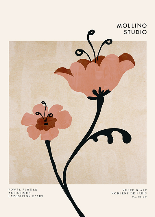  – Grafische Illustration von zwei Blumen in Rosa und Braun mit schwarzen Details und Text darüber und darunter