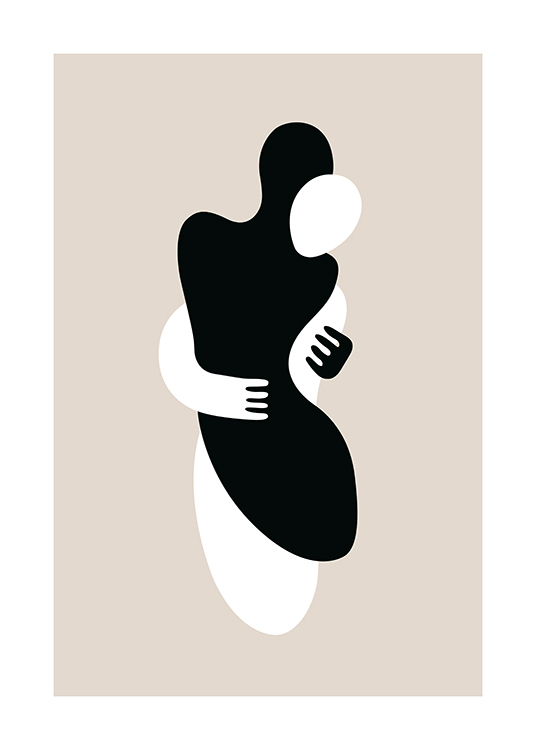 – Grafische Illustration von sich umarmenden Figuren in Schwarz und Weiß vor einem beigen Hintergrund