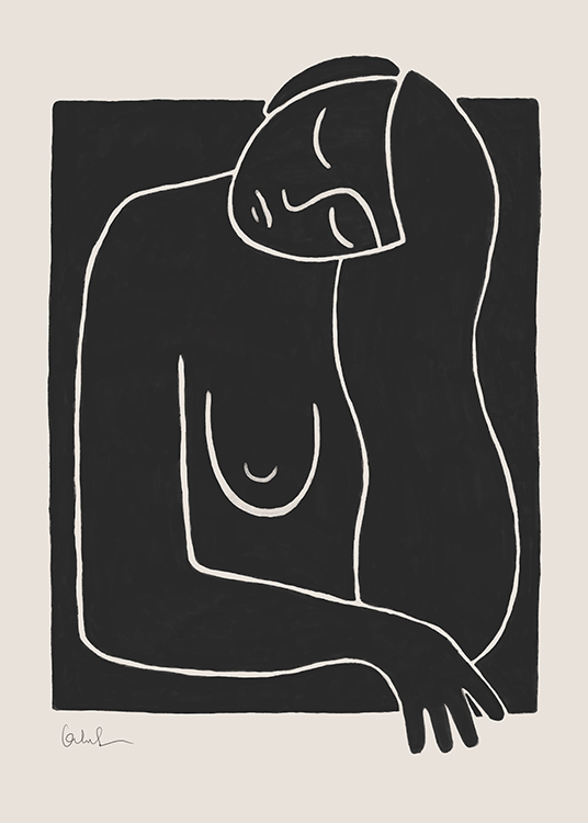  – Grafische Illustration des nackten Oberkörpers einer Frau in Line-Art, gezeichnet in Schwarz und Weiß vor einem beigen Hintergrund