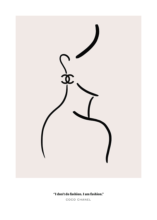  – Illustration einer Frau in Line-Art, die einen Chanel-Ohrring trägt, darunter ein Zitat von Coco Chanel