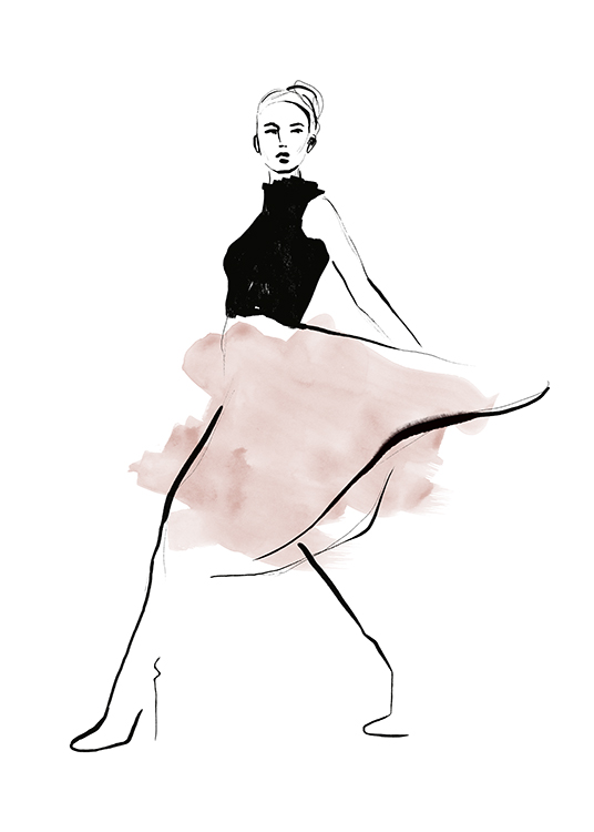  – Illustration einer Frau in einem rosa Kleid und schwarzem Mieder vor einem weißen Hintergrund