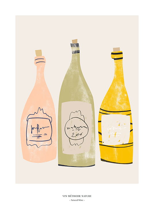  – Grafische Illustration mit Weinflaschen in Rosa, Grün und Gelb auf einem beigen Hintergrund mit Text darunter