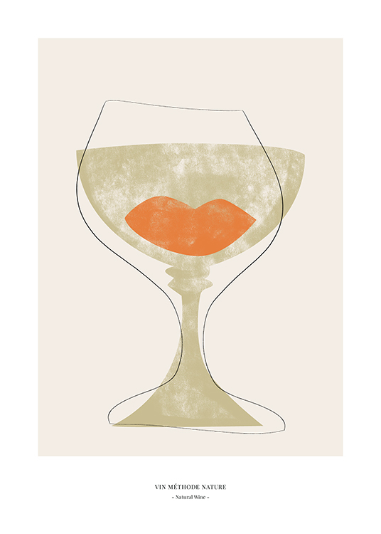  – Grafische Illustration eines abstrakten Weinglases in Grün und Orange mit schwarzen Umrissen vor einem beigen Hintergrund