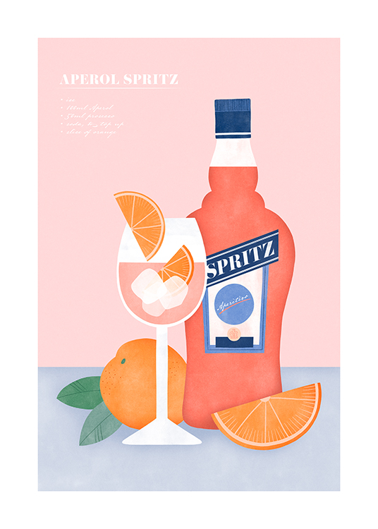  – Grafische Illustration eines Aperol Spritz und Orangen auf blauem und rosa Hintergrund, darüber ein Rezept