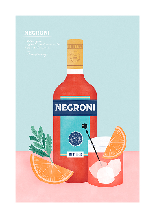  – Grafische Illustration einer roten Flasche Negroni und eines Glases auf blauem und rosa Hintergrund mit einem Rezept in Weiß darüber