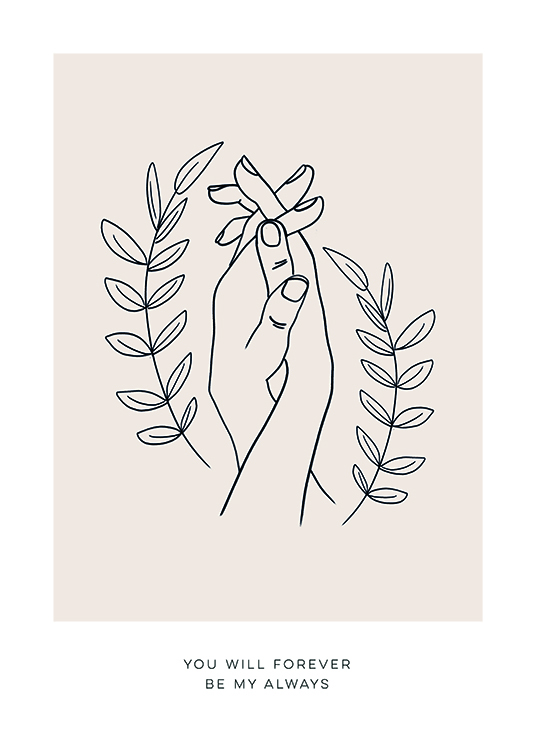  – Illustration eines Paares ineinander verflochtener Hände zwischen Zweigen mit Blättern, darunter Text