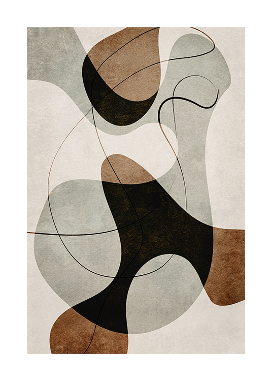  – Grafische Illustration mit abstrakten Formen und Linien in Braun und Grau auf beigem Hintergrund