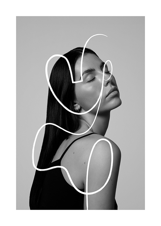  – Schwarz-weiß-Fotografie einer Frau mit geschlossenen Augen von der Seite, überdeckt von einer abstrakten, weißen Linie