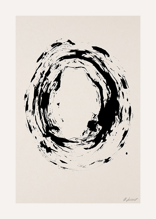  – Malerei mit einem Kreis in Schwarz mit einer unebenen Struktur auf einem beigen Hintergrund