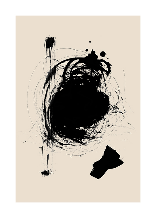  – Grafische Illustration mit einer abstrakten schwarzen geometrischen Form auf beigem Hintergrund