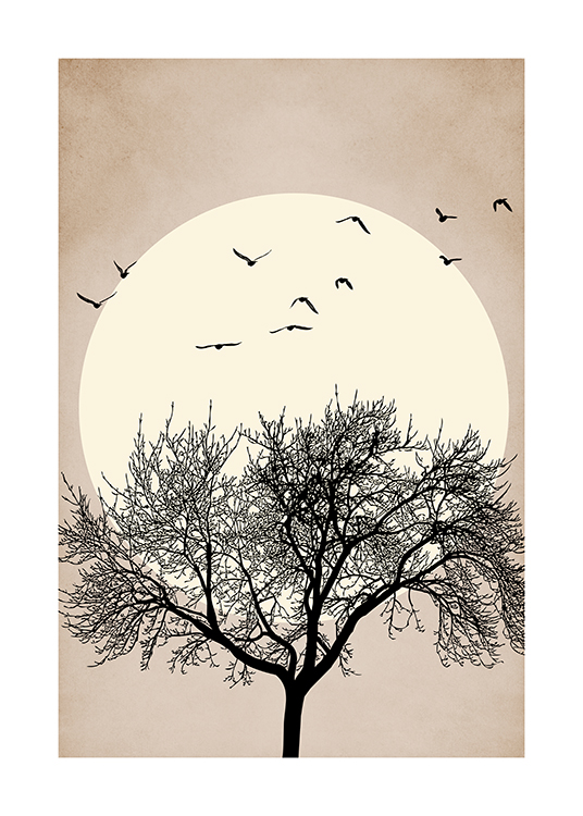  – Grafik mit einem großen, schwarzen Baum, über dem Vögel fliegen, im Hintergrund eine gelbe Sonne