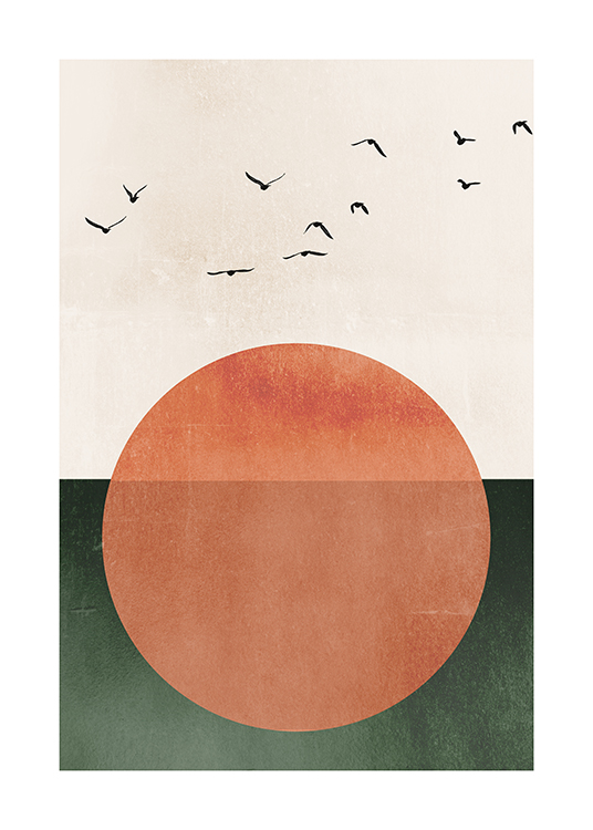  – Grafische Illustration einer großen, orangen Sonne mit Vögeln darüber vor einem Hintergrund in Beige und Grün