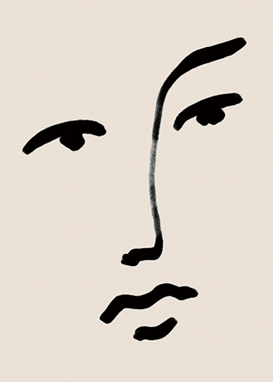  – Illustration mit Augen, Nase und Lippen in schwarzer Line-Art vor beigem Hintergrund