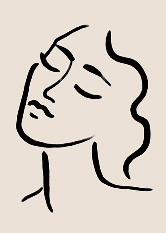  – Illustration einer Frau in schwarzer Line-Art mit geschlossenen Augen auf einem beige Hintergrund