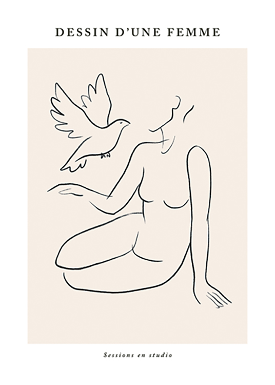  – Illustration einer sitzenden Frau und einer Taube in Line-Art mit Text darüber und darunter