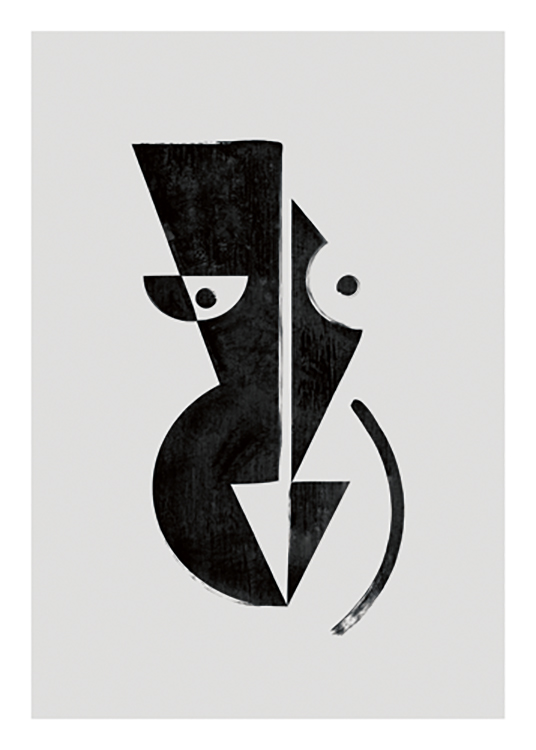  – Grafik mit einem schwarzen, abstrakten Körper aus geometrischen Formen vor grauem Hintergrund