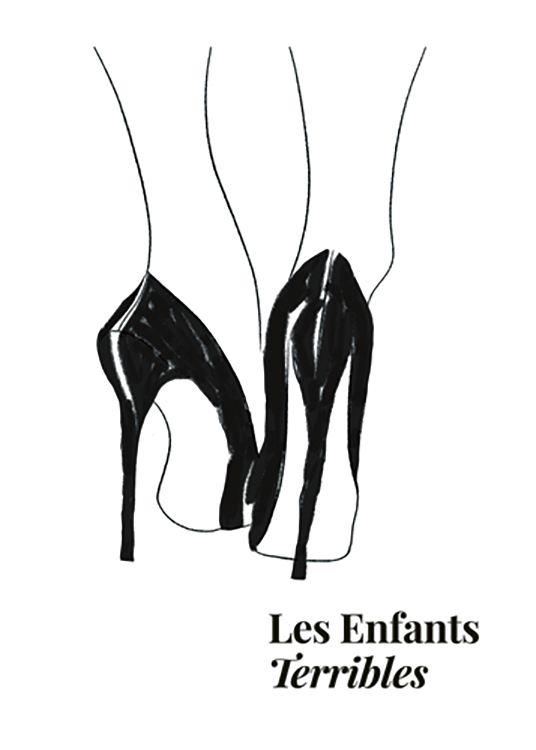  – Illustration mit dem Text „Les Enfants Terribles“ in Schwarz und einem Paar schwarzer High Heels vor einem weißem Hintergrund