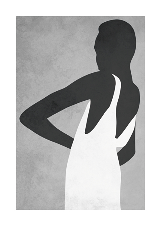 – Grafik einer Frau, die ein weißes Kleid trägt, vor einem grauen Hintergrund
