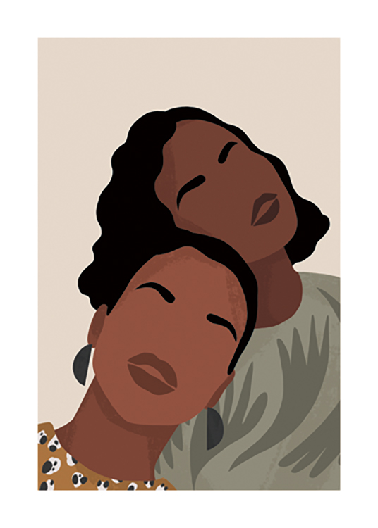  – Grafik mit zwei aneinander lehnenden Frauen in gemusterten Oberteilen und schwarzem Haar