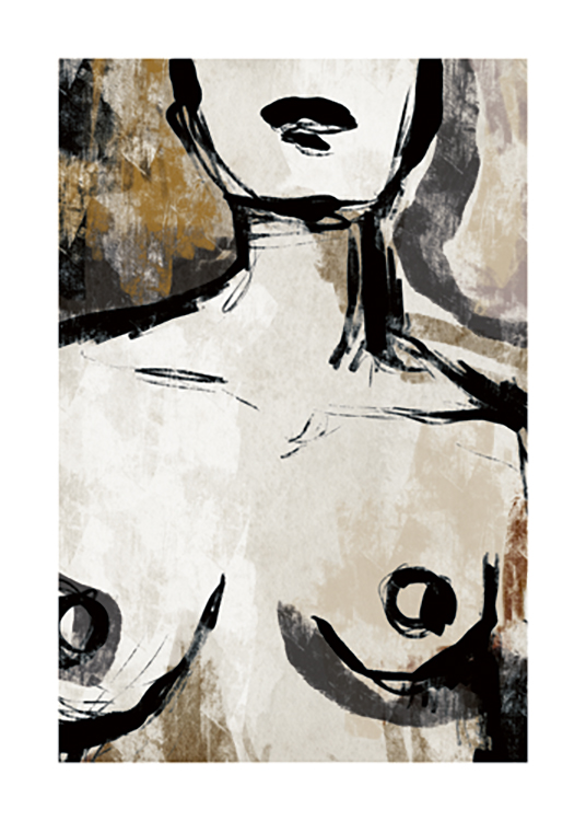 – Illustration der nackten Brust und des Halses einer Frau in Beige und Schwarz vor braunem und beigem Hintergrund