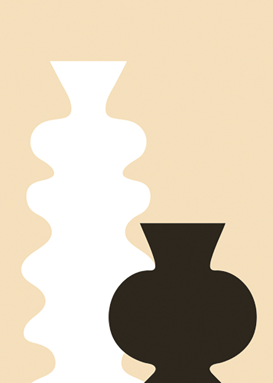  – Grafik eines Paars schwarz-weißer Vasen mit geschwungenen Silhouetten auf gelbem Hintergrund
