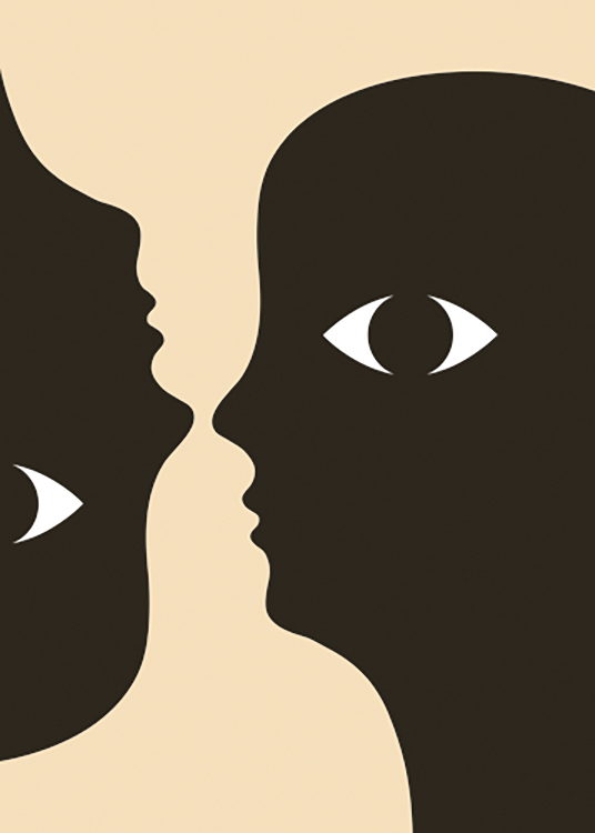  – Grafik eines Paars schwarzer Gesichtssilhouetten mit Augen an der Seite auf gelbem Hintergrund