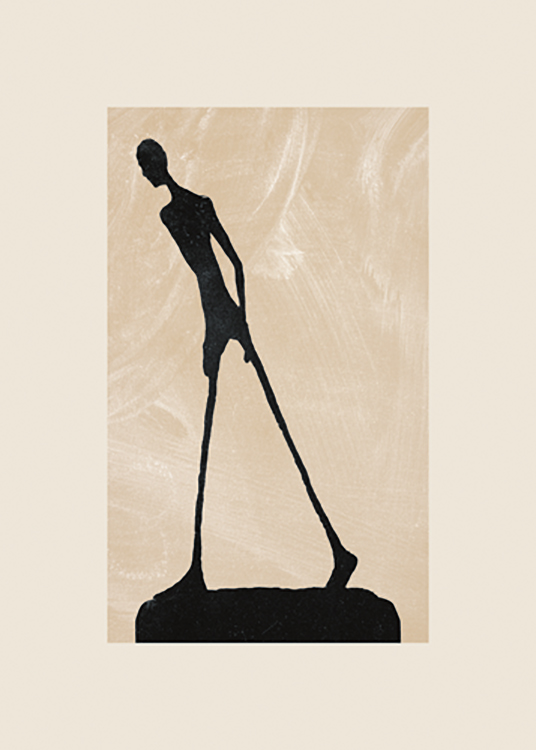  – Grafik einer schwarzen Skulptur mit dünnen Beinen vor einem beigen Hintergrund mit weißen, ungleichmäßigen Details