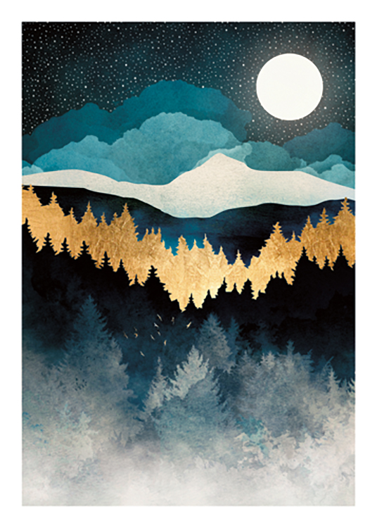  – Grafik, die einen Wald mit goldenen und blauen Bäumen und einen Mond und Sterne im Hintergrund zeigt
