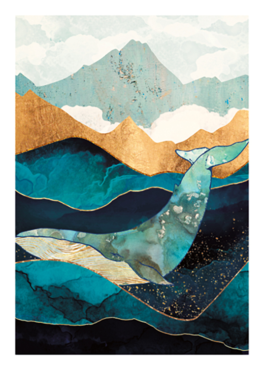  – Grafik eines Wals in Gold und Blau, umgeben von Meereswellen in Blau und Gold