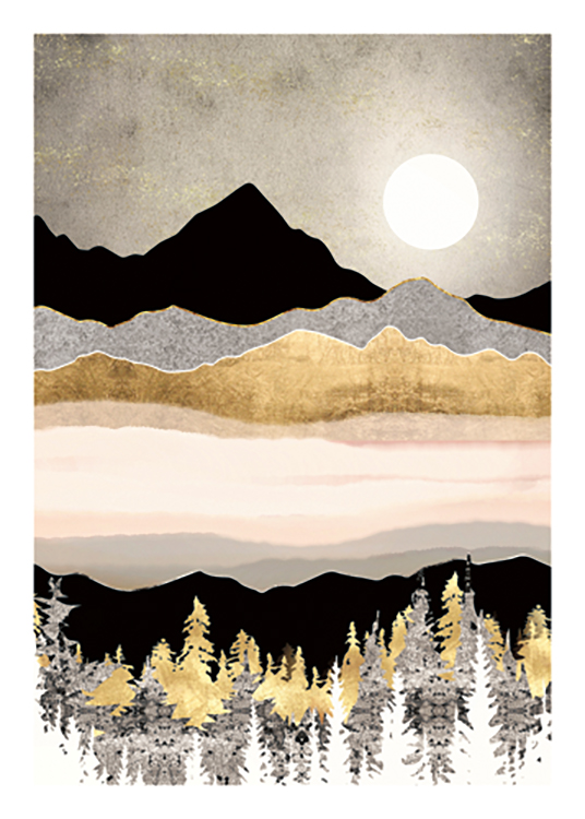  – Grafik einer Winterlandschaft in Grau, Gold und Schwarz mit einem weißen Mond im Hintergrund