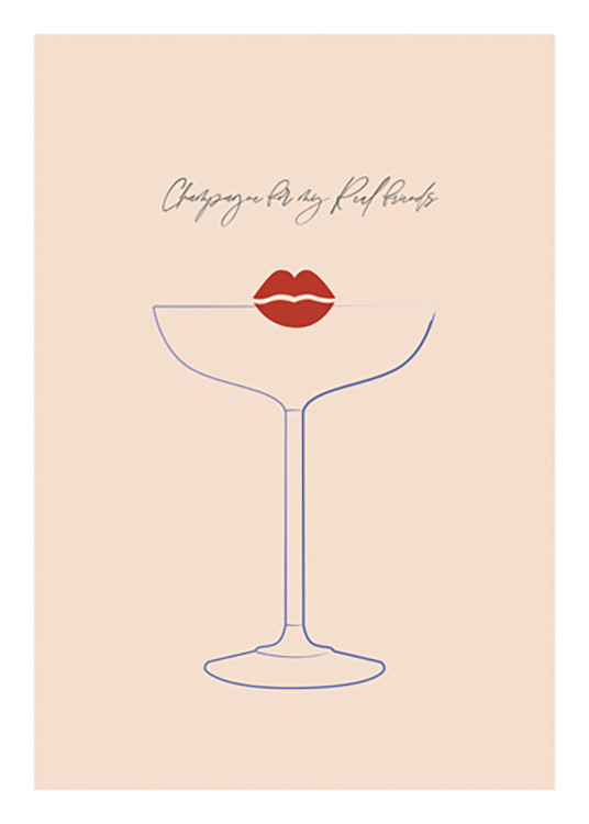  – Illustration mit roten Lippen und einem blauen Martiniglas mit Text darüber, vor einem beigefarbenen Hintergrund