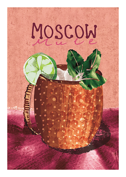  – Illustration einer Kupfertasse mit Limette Minzblättern und dem Text „Moscow Mule“