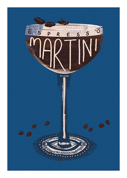  – Grafik eines Cocktailglases mit einem Espresso Martini auf blauem Hintergrund