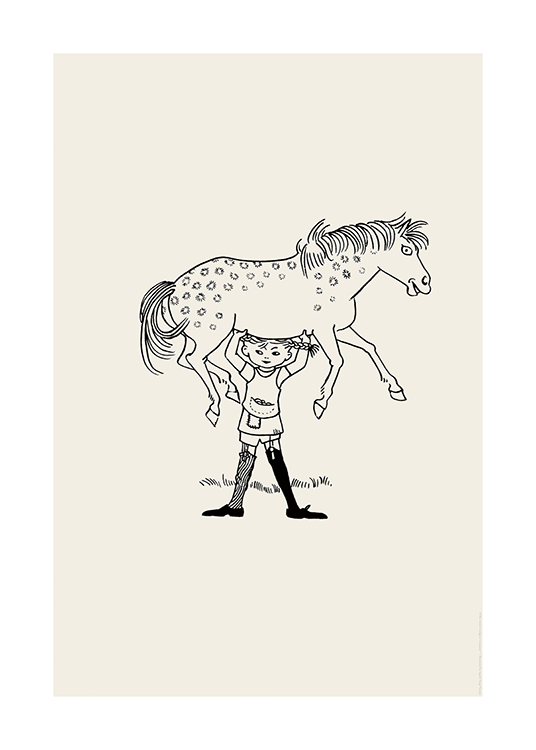  – Pippi Langstrumpf, die ihr Pferd über ihren Kopf stemmt