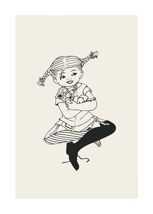  – Illustration von Pippi Langstrumpf im Schneidersitz mit ihrem Äffchen in ihren Armen