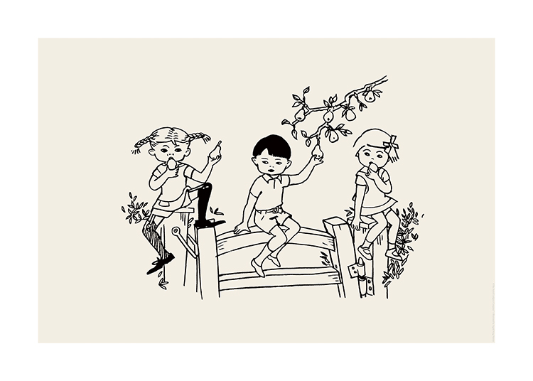 – Illustration von Pippi Langstrumpf, Tommy und Annica, die auf einem Zaun sitzen, umgeben von Laub