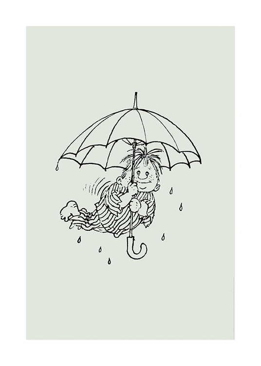  – Illustration von Karlsson vom Dach, der in einem gestreiften Pyjama mit einem Regenschirm fliegt