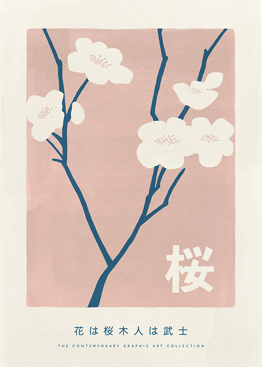  – Illustration mit Blüten in Hellbeige an blauen Zweigen vor einem rosa Hintergrund mit Text darunter