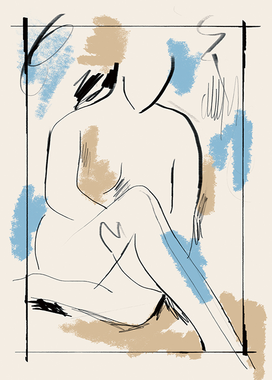  – Malerei mit einem sitzenden, nackten Körper und blauen, beigen und schwarzen Farbstrichen auf einem hellbeigen Hintergrund