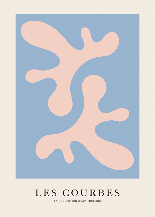  – Grafische Illustration mit abstrakten rosa Formen vor blauem und hellbeigem Hintergrund