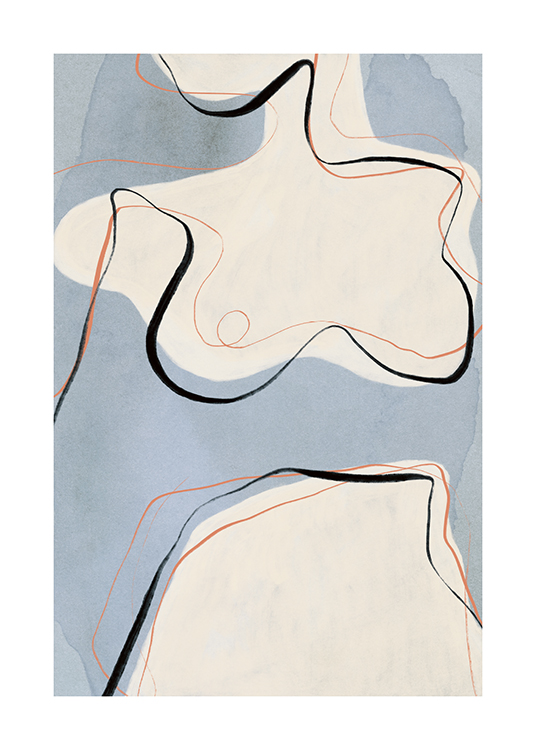 – Abstrakte Illustration eines nackten, weiblichen Körpers in Beige mit schwarzen und orangen Umrissen auf einem blauen Hintergrund