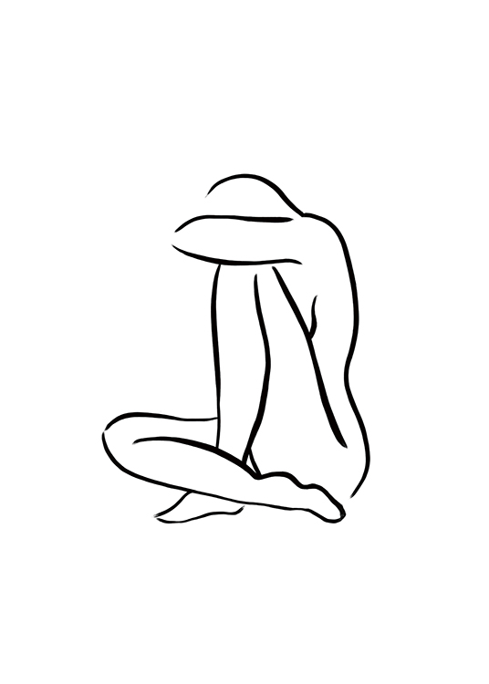  – Illustration in Line-Art mit einer nackten sitzenden Frau in Schwarz vor weißem Hintergrund