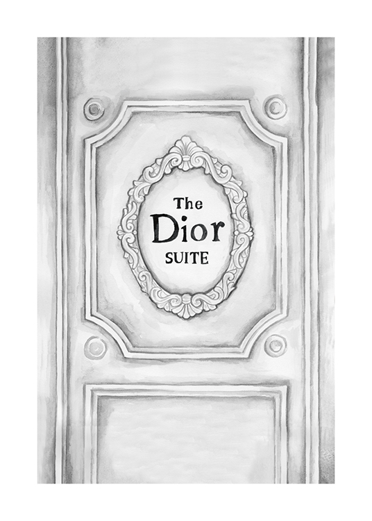  – Illustration einer grauen Tür mit einem Schild mit der Aufschrift „The Dior Suite“