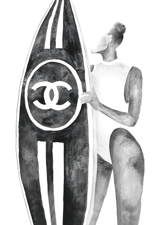  – Graue Illustration mit einer Frau, die ein Surfbrett mit Chanel-Logo hält